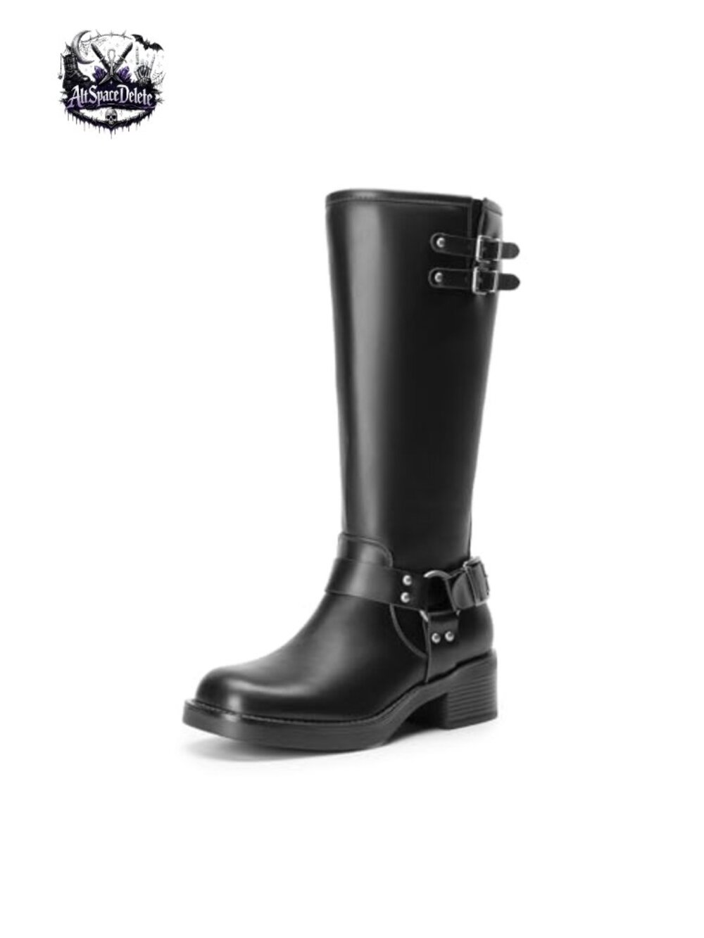 Faux Leather Moto Knee High Boots Square Toe Buckle Block Heel